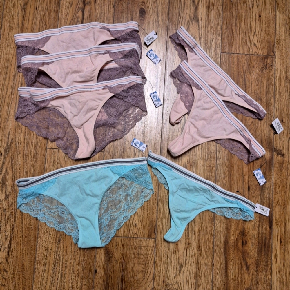 4 bikini + 3 thong lace back pink nude teal green size medium